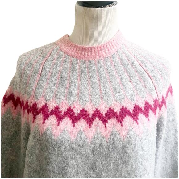 Jason Wu Women’s Fair Isle Sweater Wool Sz Small Gray Pink Oversized Crew Neck - Picture 6 of 12